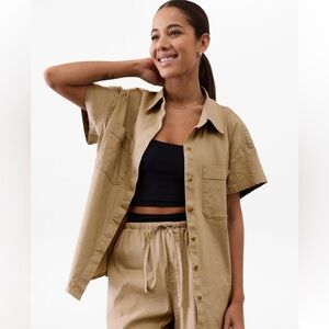 Athleta NWT Paradise Oversized Short Sleeve button up top in Flax